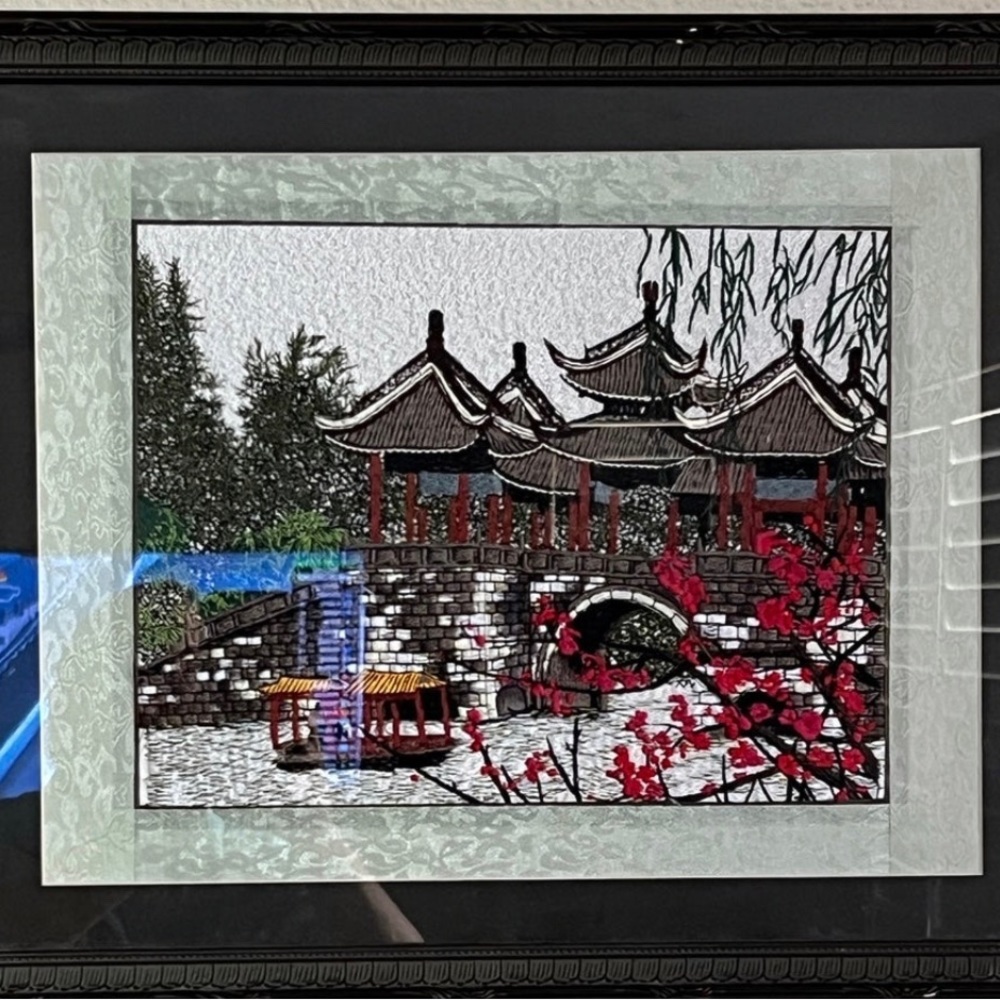 Vintage Oriental Asian Art Silk Thread Embroidery Needlework River Temple 22x 18